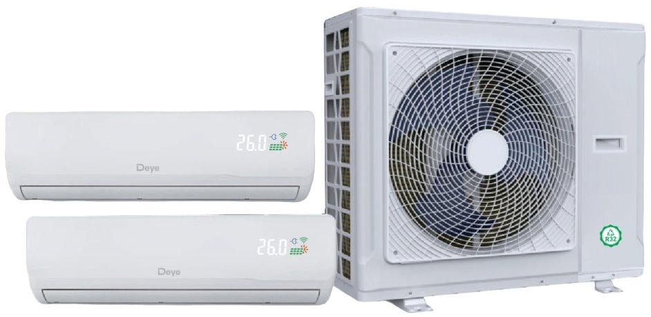DEYE Hybridní AC/DC Solární Multi-Split klimatizační set, 8kW vnější + 2x 3,5kW vnitřní jednotka
