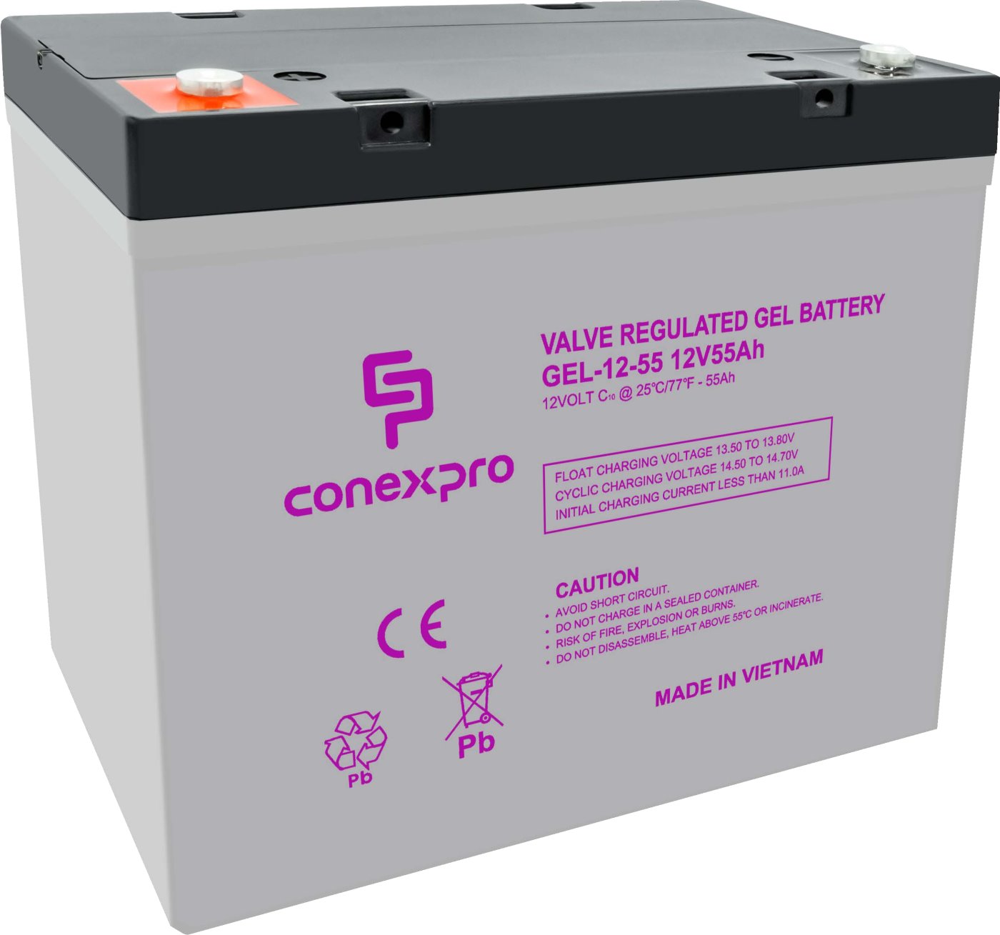 Conexpro battery gel, 12V, 55Ah, lifetime 10-12 years, M6, Deep cycle
