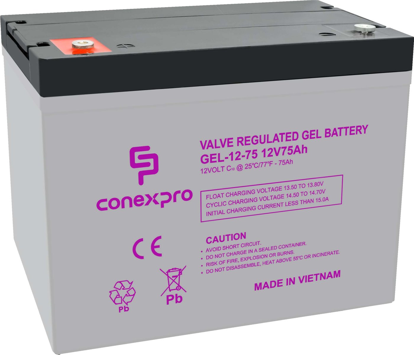 Conexpro battery gel, 12V, 75Ah, lifetime 10-12 years, M6, Deep cycle