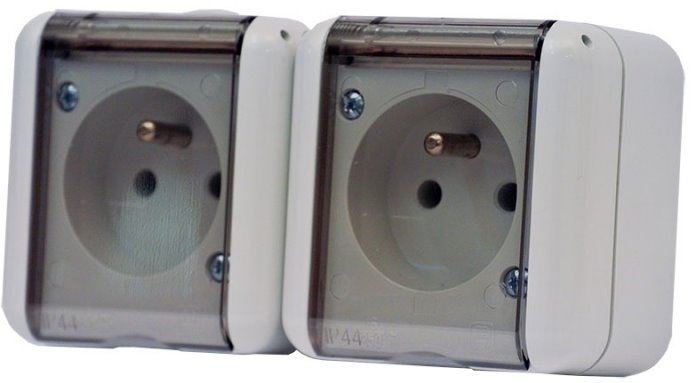 Electrical double socket with transparent cover, IP44, white
