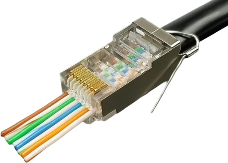 Conexpro pass-through connector RJ45 FTP, CAT5E, ground PIN, Wire Cross