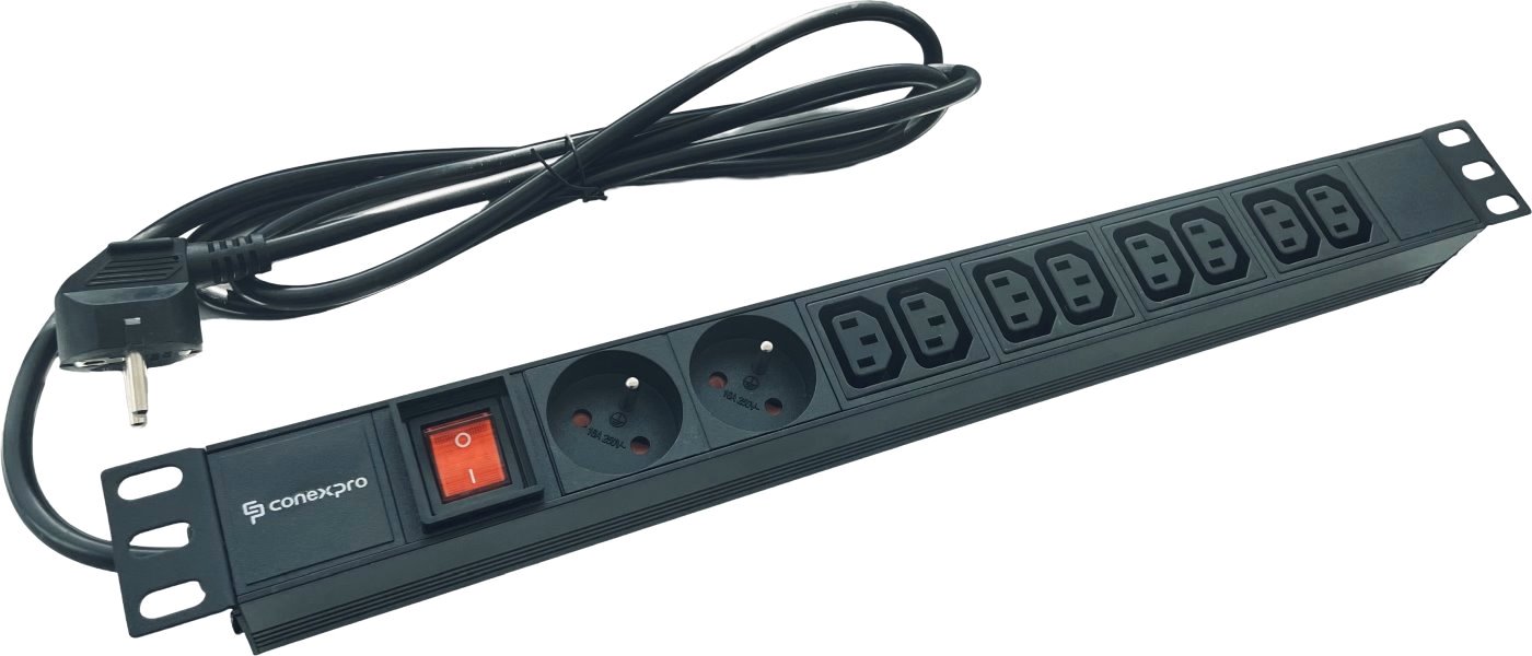 Conexpro 19" combined distribution panel 2x FR + 8x IEC C13, 16A, 1.4m, black