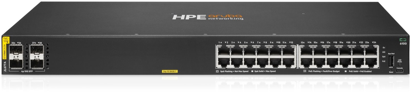 Hewlett Packard Enterprise Aruba 6100 24G Class4 PoE 4SFP+ 370W Managed L3 Gigabit Ethernet (10/100/1000) Power over Ethernet (PoE) 1U Black