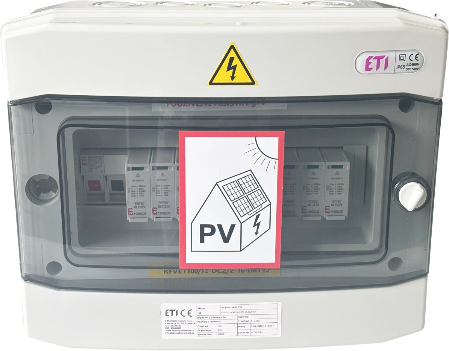 Distribution box for PV, 2 string, 2 surge protectors, 1000V DC