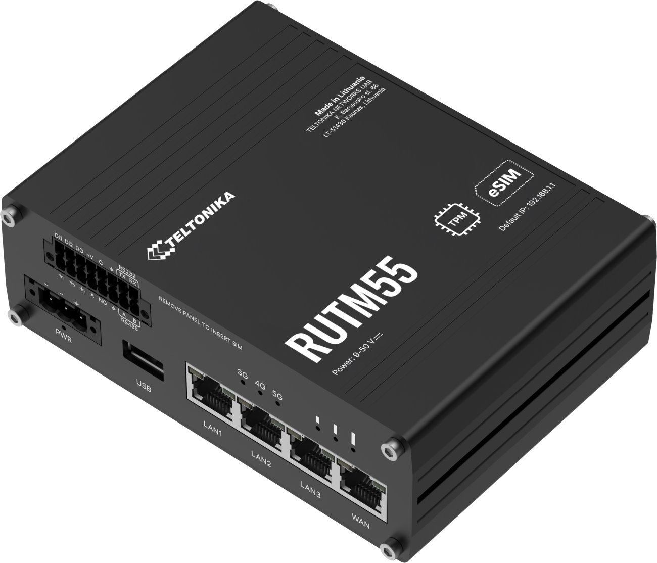 Teltonika RUTM55 Industrial 5G Wi-Fi Router, I/O, RS232 and RS485, GPS, eSIM